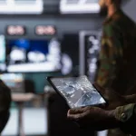 agent controls drones using tablet attacking strategic enemy targets close up